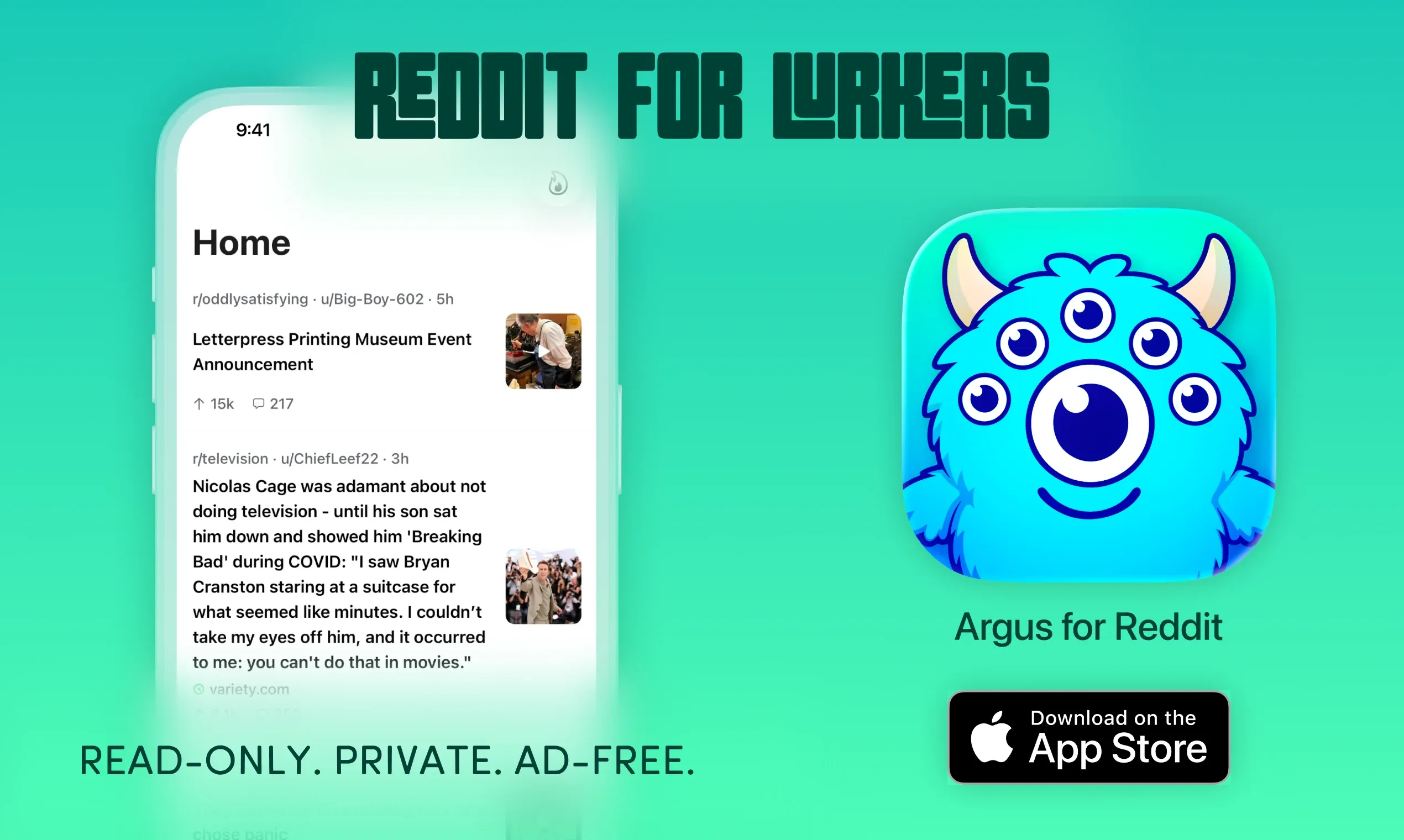 Argus for Reddit hero card: the Home feed on iPhone alongside the Argus app icon and an App Store download badge, with the tagline 'Read-only. Private. Ad-free.'
