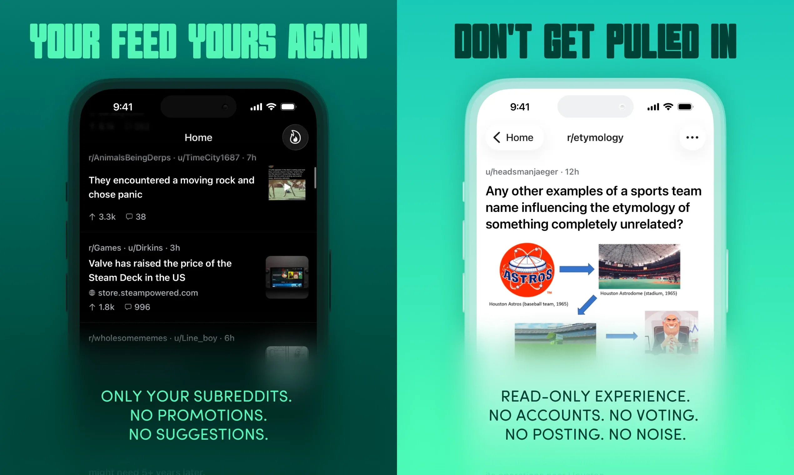 Two Argus screens: a dark-mode Home feed showing only followed subreddits, and a light-mode r/etymology post open for reading.