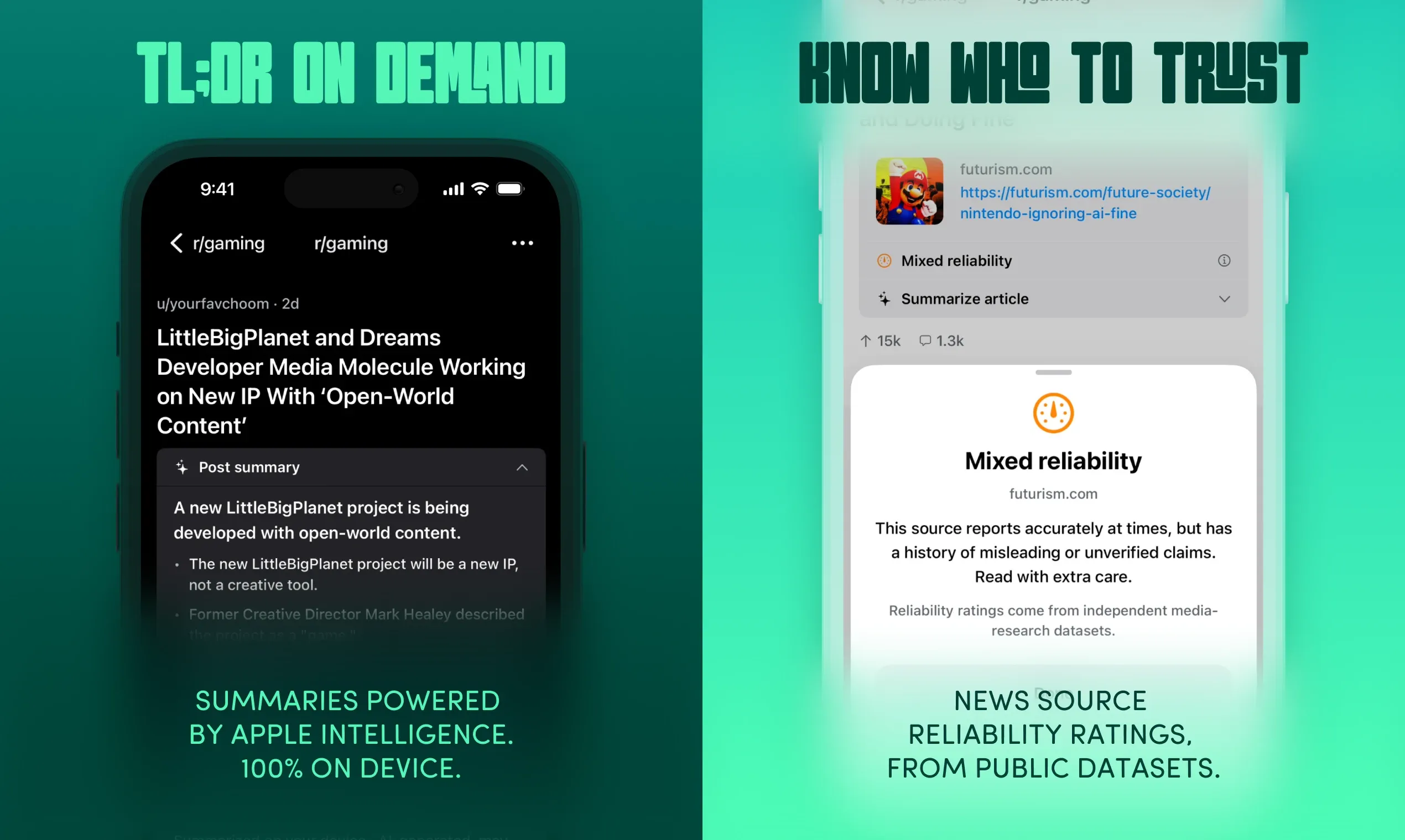 Two Argus screens: an on-device Apple Intelligence article summary expanded inside a post, and a 'Mixed reliability' info sheet explaining the reliability rating for futurism.com.