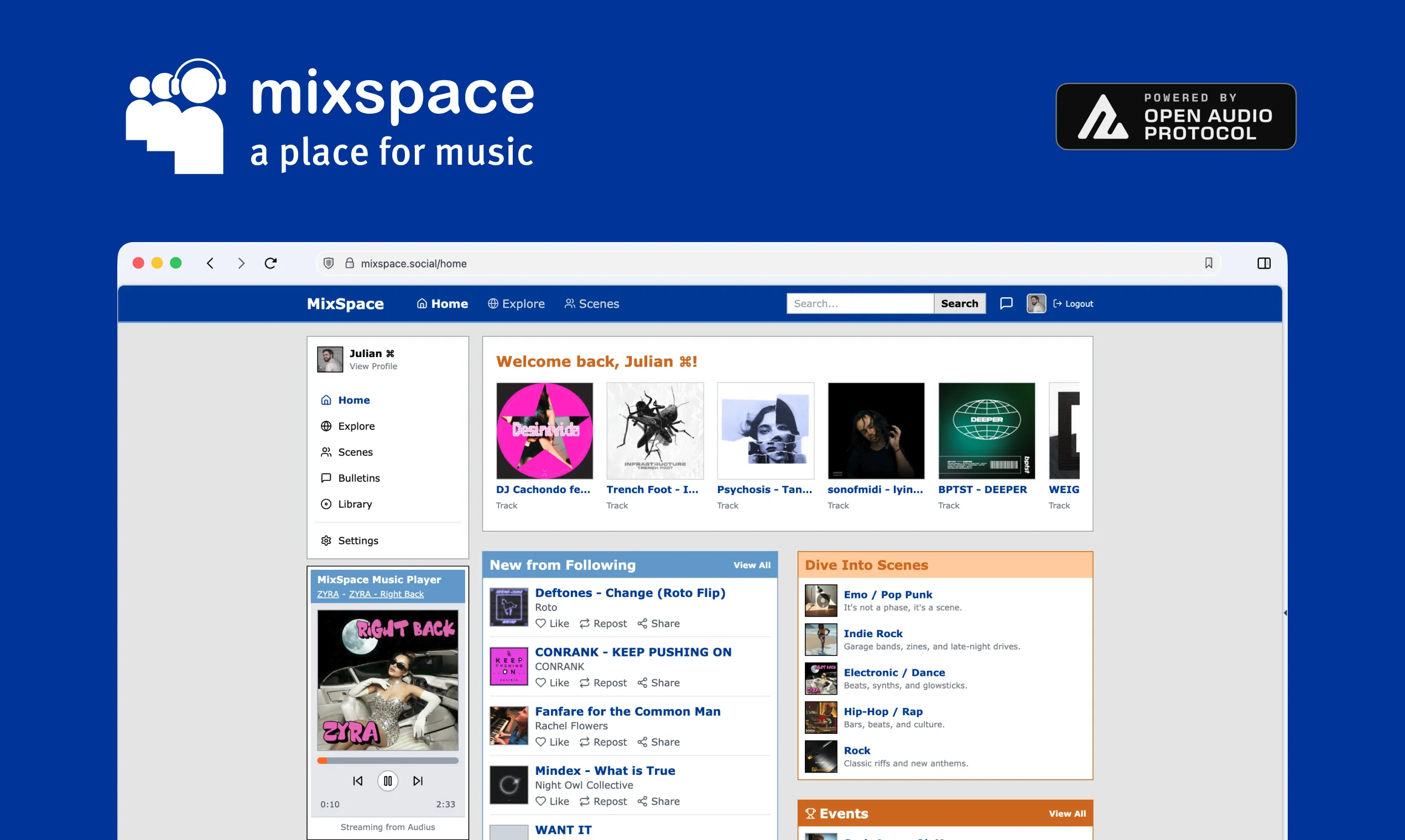 MixSpace.social home feed and player UI