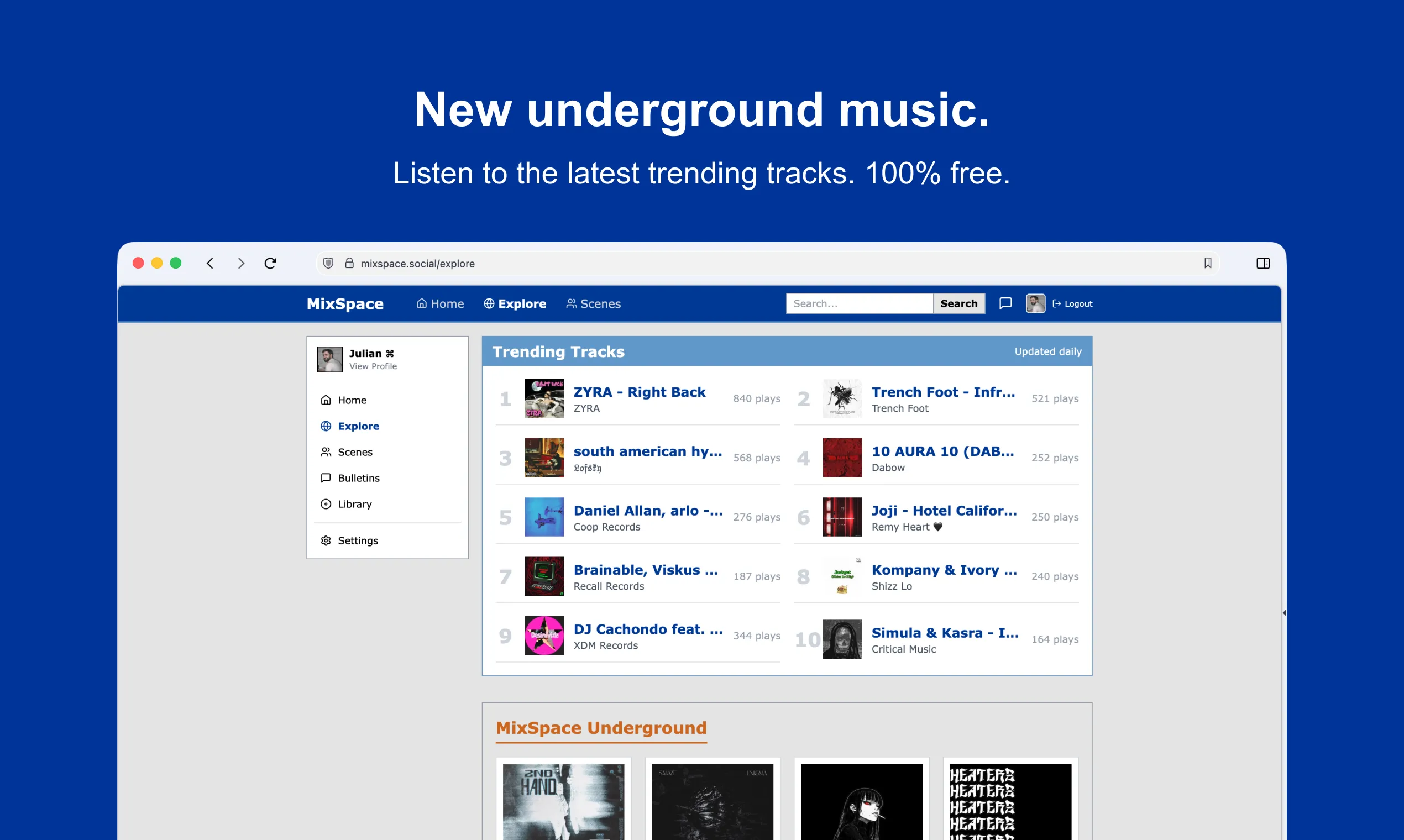MixSpace.social explore page showing trending underground music and discovery modules