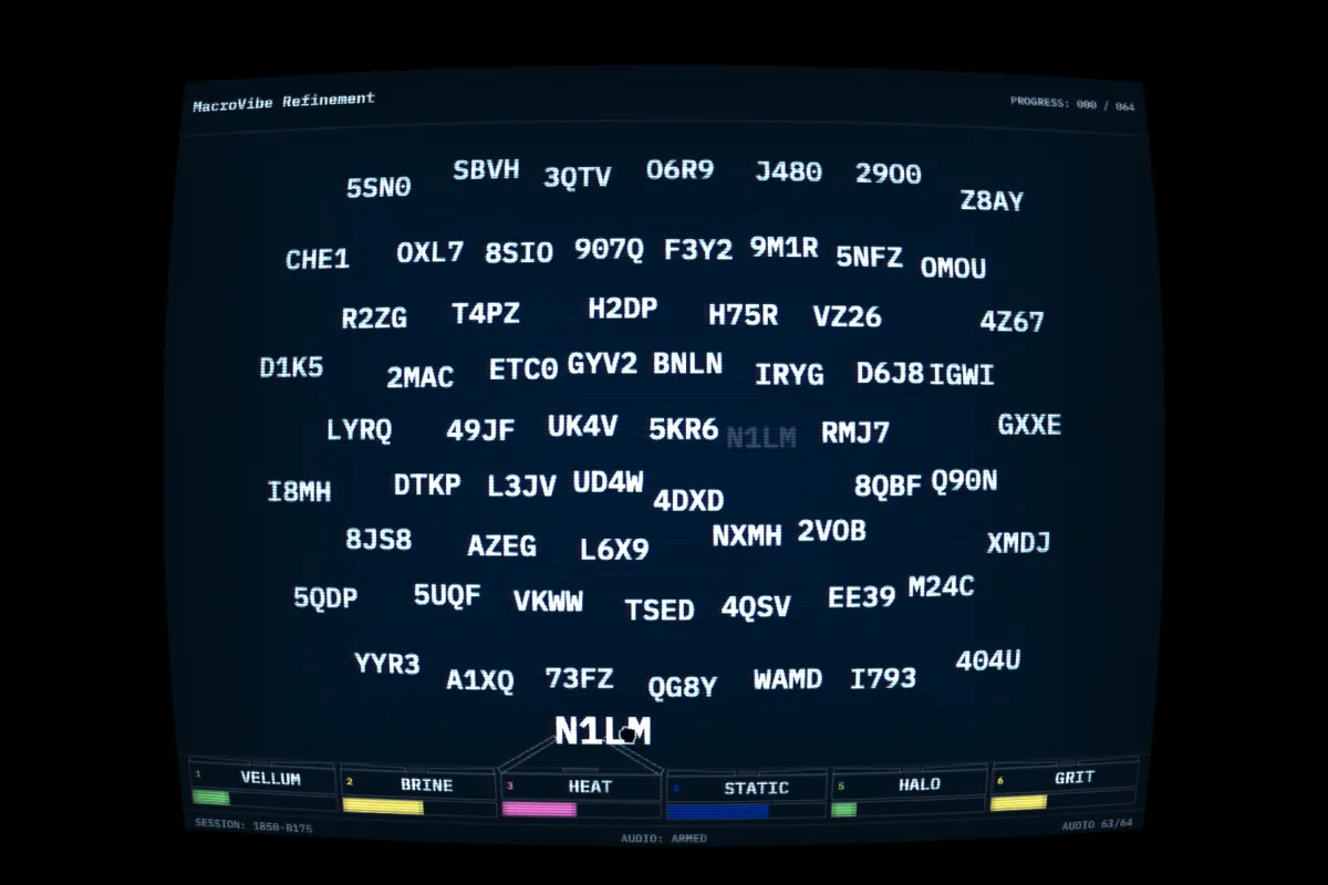 The MacroVibe Refinement interface with sixty-four floating cells and six bins at the bottom of the screen