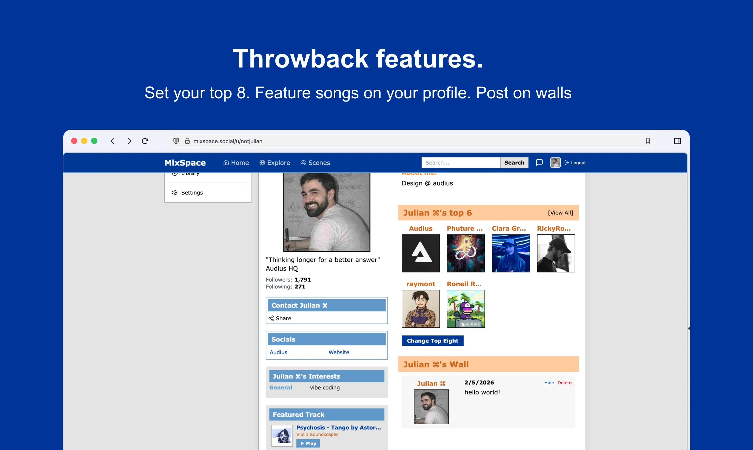 MixSpace.social profile page with top tracks, wall posts, featured music, and profile details