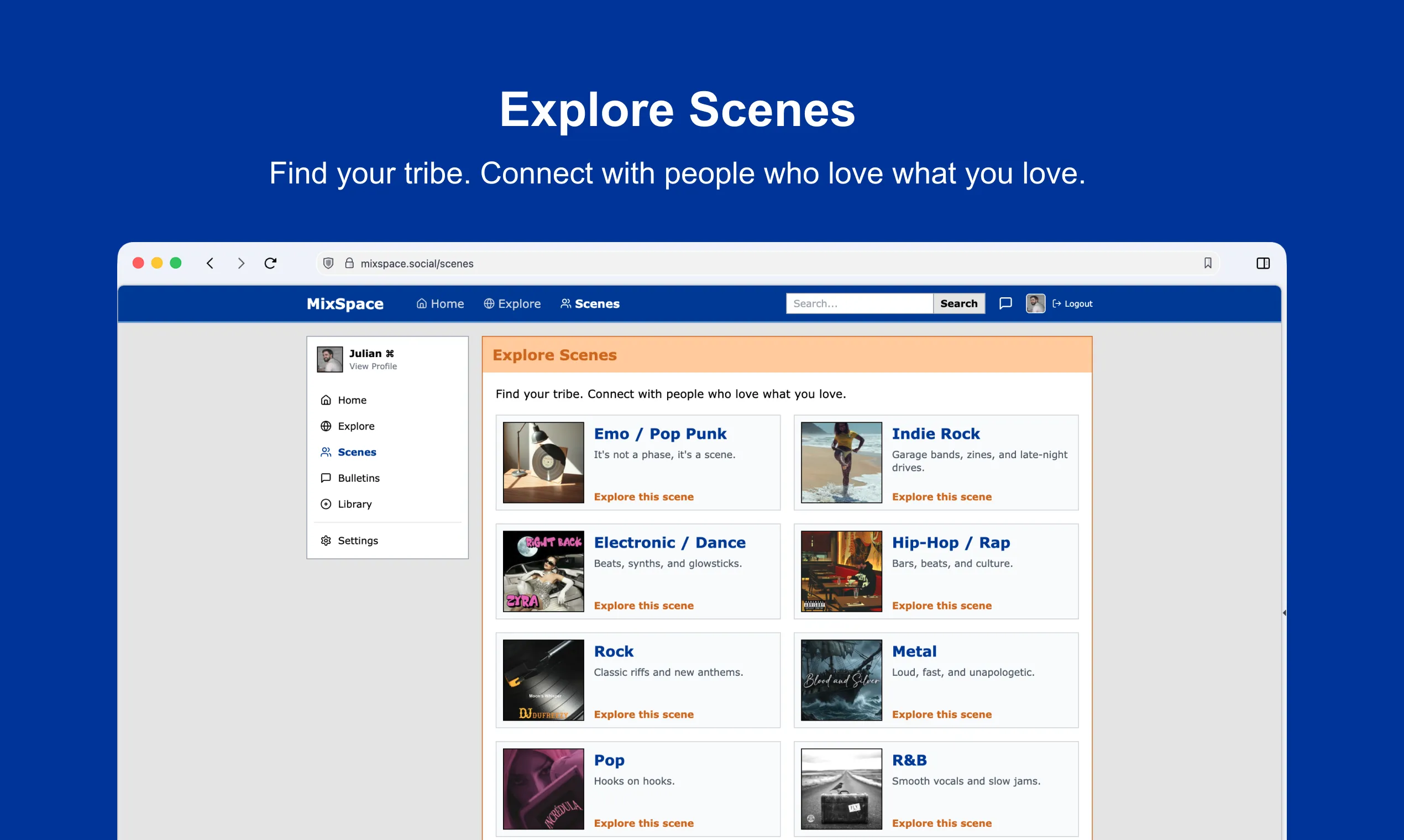 MixSpace.social scenes page with genre-based communities and browse cards
