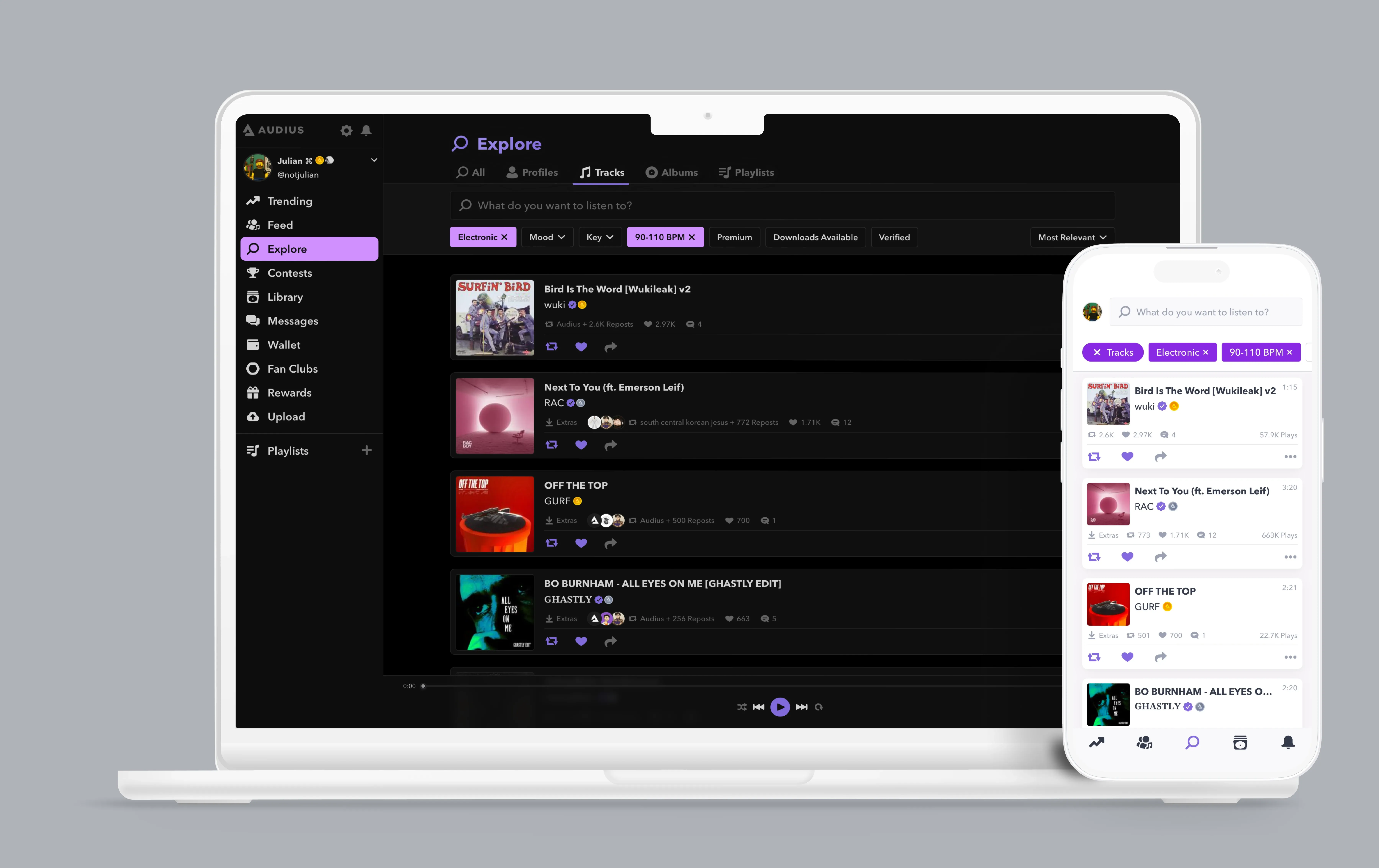 The unified Audius Explore surface shown on desktop and mobile, with filter chips for genre, mood, key, and BPM at the top and a list of tracks below